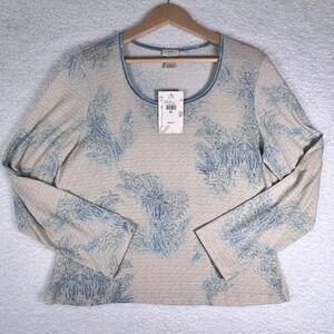Coastal Botanical Scoop Neck Top Blue Beige Soft Minimalist Stretch XL